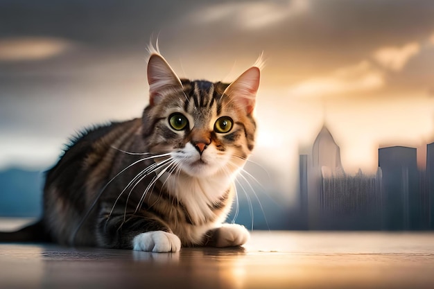 A cat with a city in the background