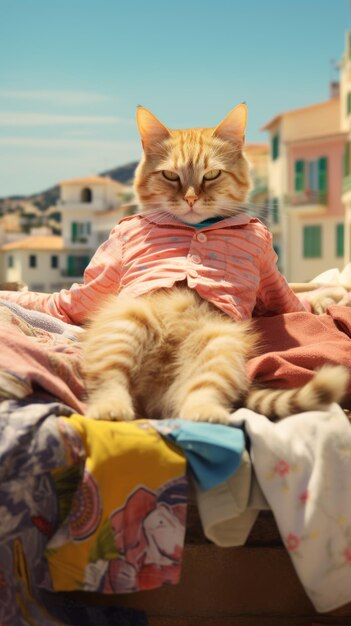 A cat with clothes is lying on the roof traveling at the beach