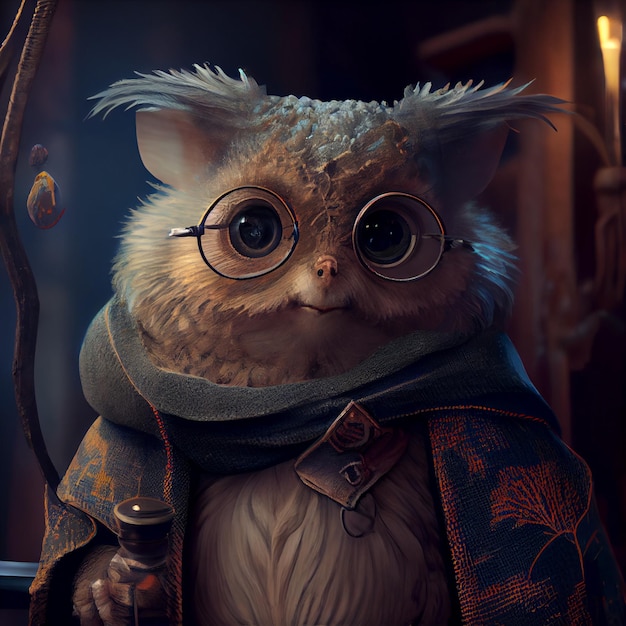 A cat with a coat and glasses is wearing a scarf and a coat that says'the owl '