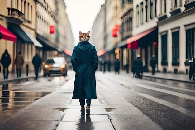 a cat with a coat on it is walking down a street.