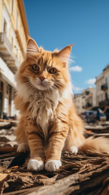 a cat with a collar on sitting on a street.