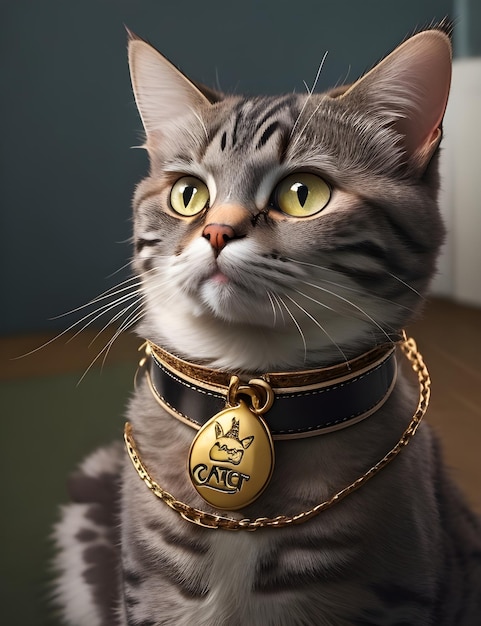 Photo a cat with a collar that says cat on it ai generated