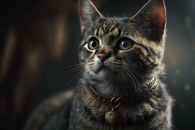 A cat with a collar that says'cat'on it