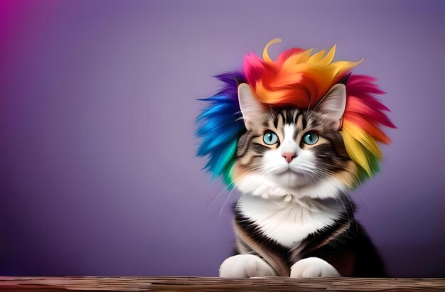 色の毛の猫 虹の毛 テキストのスペース