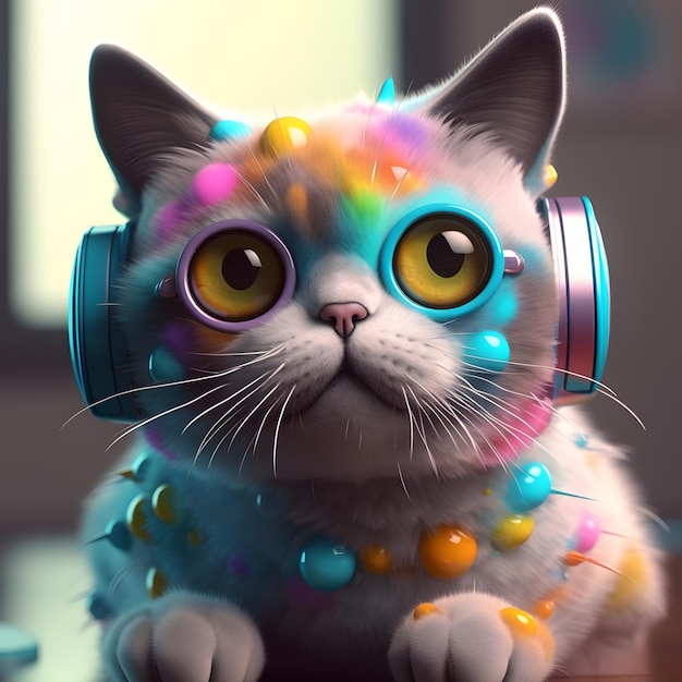 A cat with colorful beads on its head and headphones on its head.