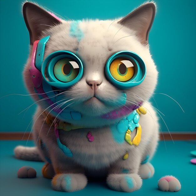 A cat with a colorful eye patch on its face sits on a blue table