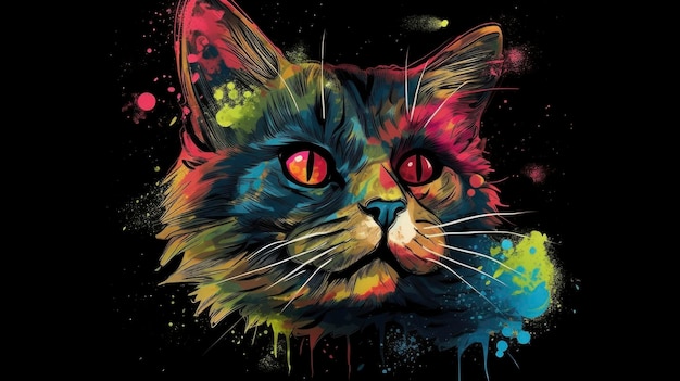 絵の具の飛び散りでカラフルな顔の猫が描かれています。