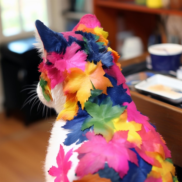 Cat with colorful leaves generated by AI