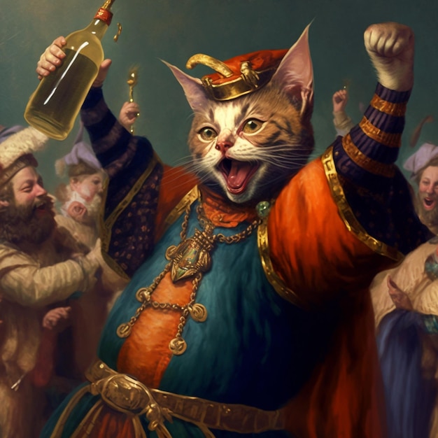 A cat with a crown on his head is holding a bottle of alcohol.