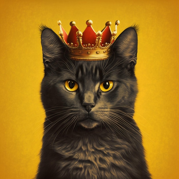 A cat with a crown on his head is wearing a yellow background.