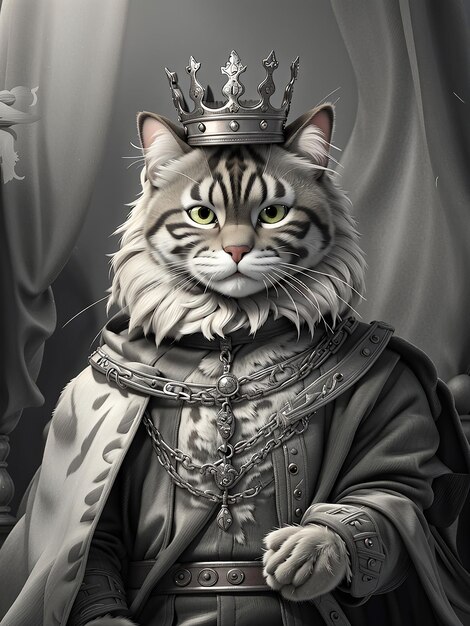 A cat with a crown on its head stands like a king with a knife in hand