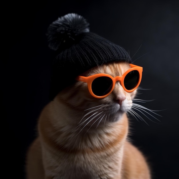 cat with dark orange rimmed glasses and black beanie