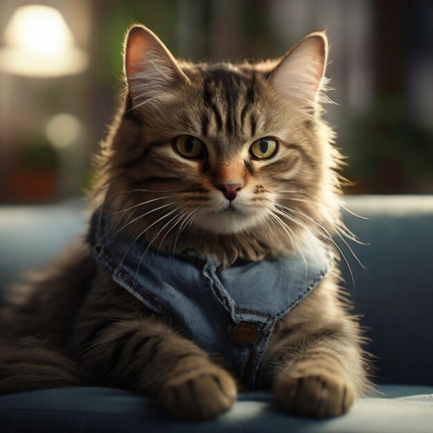 a cat with a denim vest on sitting on a couch