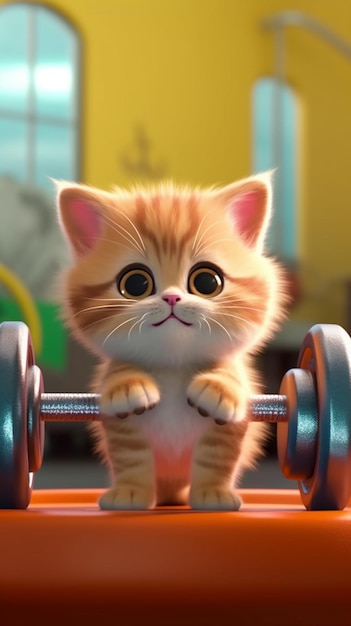 Cat with a dumbbell in front of a yellow sign