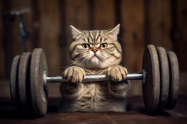 A cat with a dumbbell on his head is trying to get a grip.