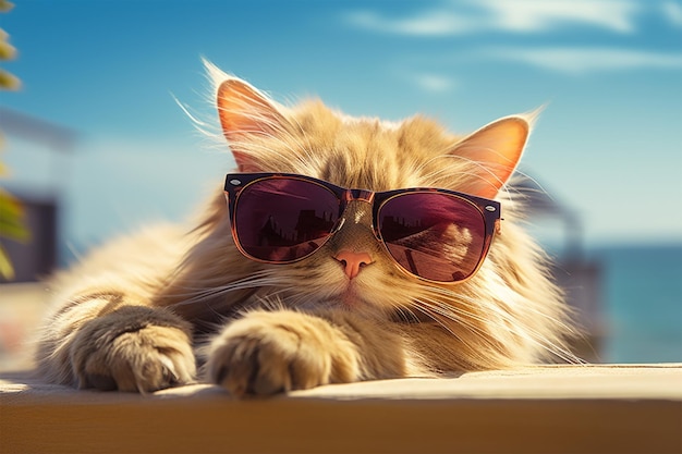 A cat with fashion sunglasses is lying on the roof tr