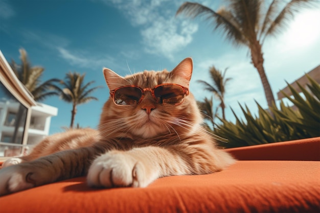 A cat with fashion sunglasses is lying on the roof tr