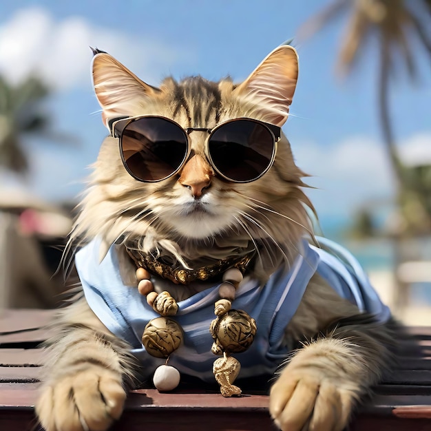 Photo a cat with fashion sunglasses is lying on the roof traveling at the beach ai