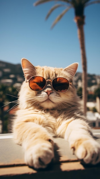 A cat with fashion sunglasses is lying on the roof traveling at the beach