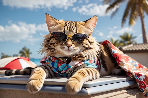 Foto un gatto con gli occhiali da sole alla moda è sdraiato sul tetto che viaggia sulla spiaggia