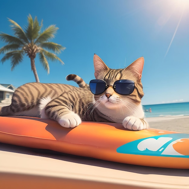 A cat with fashion sunglasses is lying on the roof traveling at the beach