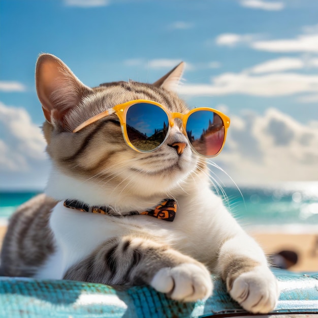 A cat with fashion sunglasses is lying on the roof traveling at the beach