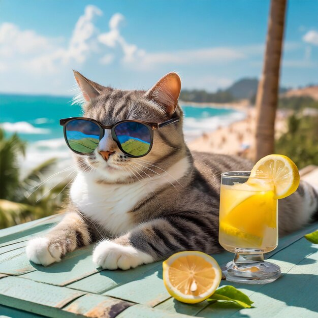 A cat with fashion sunglasses is lying on the roof traveling at the beach