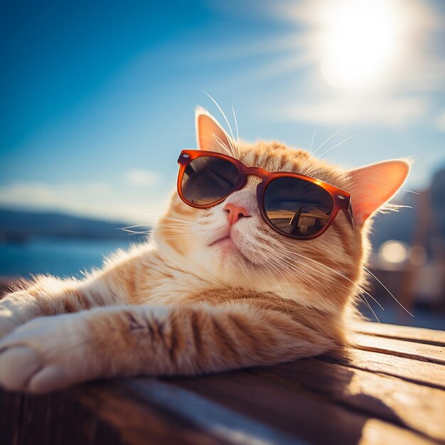 A cat with fashion sunglasses is lying on the roof traveling at the beach