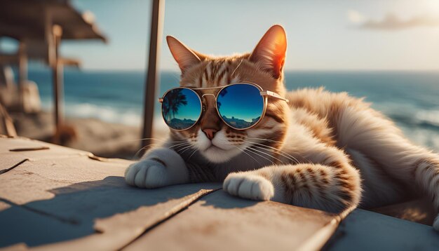 A cat with fashion sunglasses is lying on the roof traveling at the beach