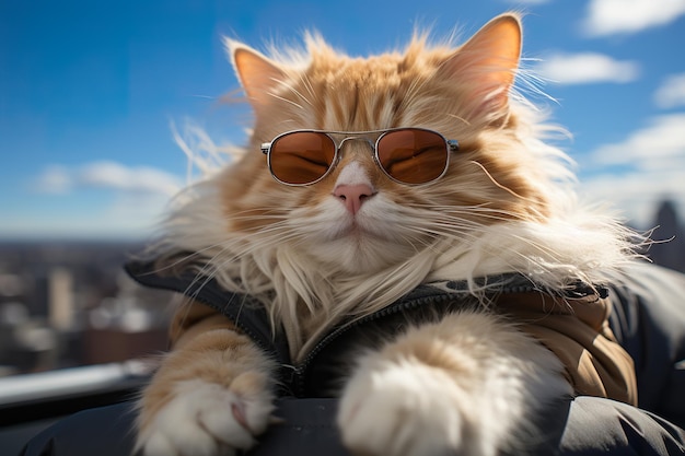 Кошка с модными солнцезащитными очками лежит на крыше широкоугольный вид полного тела ИИ иллюстрация цифровой виртуальный генератив
