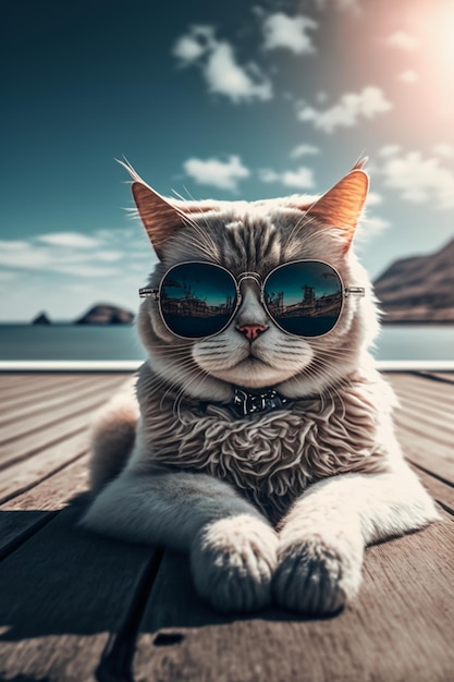 a cat with fashion sunglasses is lying On the roof