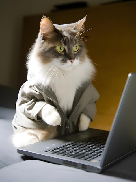 Cat with fashionable dressing Concept of hardworking pet AI generated image