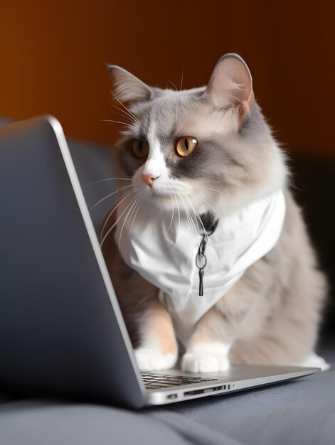 Cat with fashionable dressing Concept of hardworking pet AI generated image