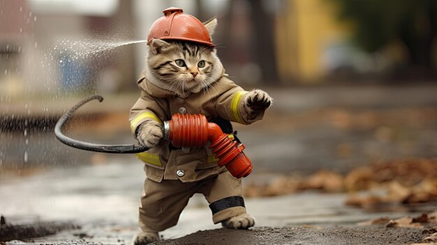 a cat with a fire hose and fireman on the street