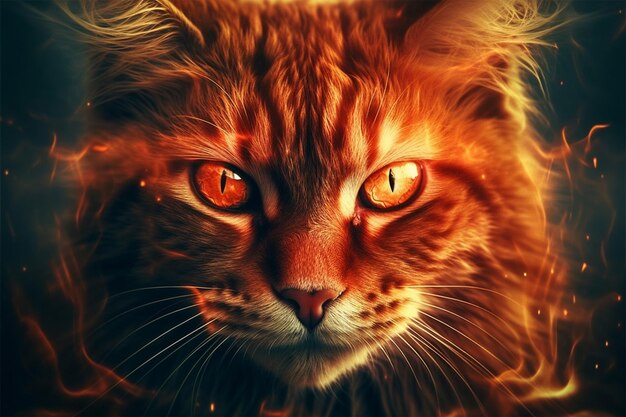 A cat with fire on its eyes