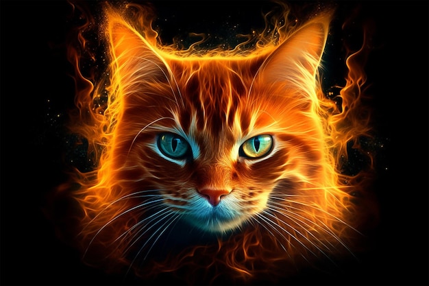 A cat with a fire on its face