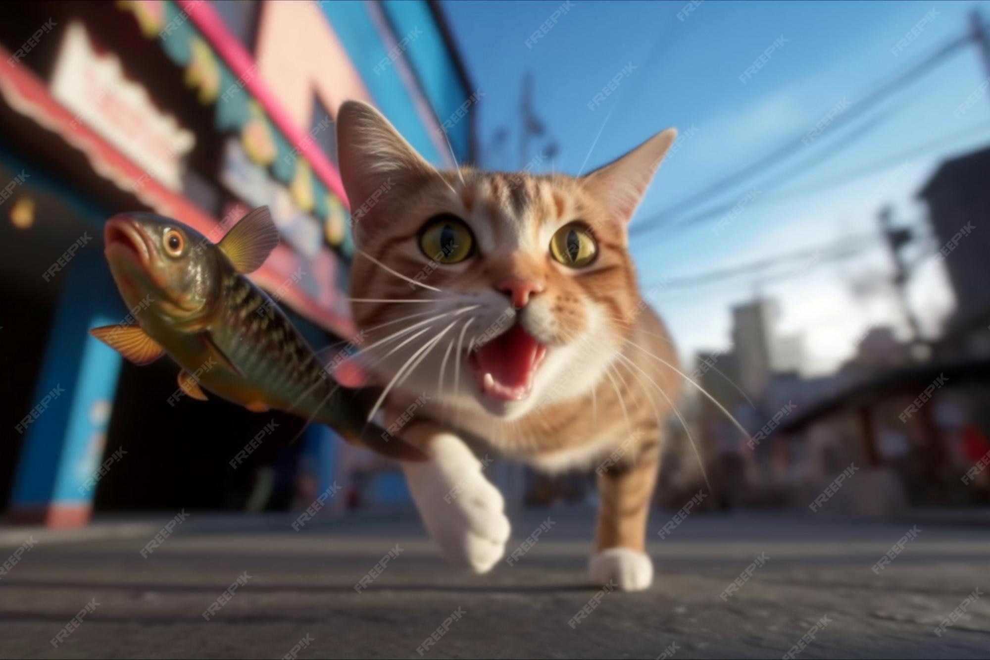 Premium AI Image | a cat with a fish in its mouth is looking at a fish.