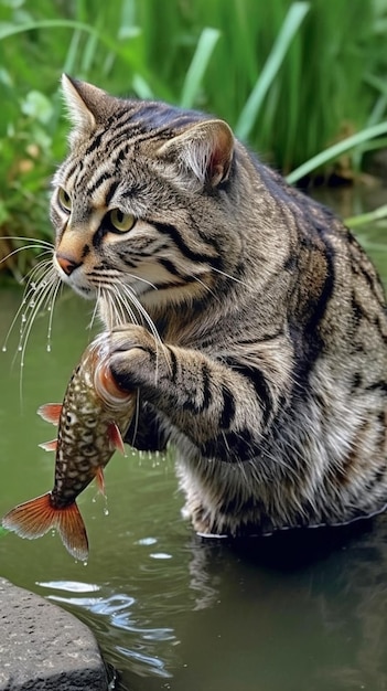 A cat with a fish in its mouth