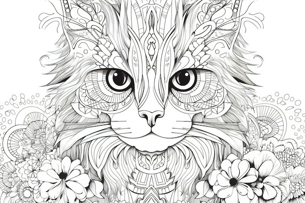 Photo cat with floral pattern black and white illustration for coloring book