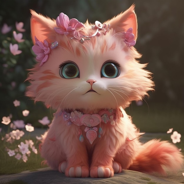 A cat with a flower crown on its head sits in garden