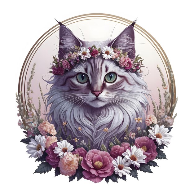 a cat with a flower crown and the words