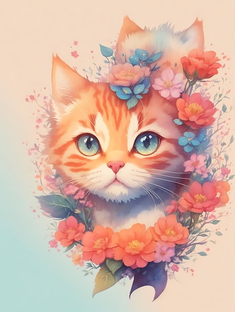 a cat with a flower in its head is framed by flowers.