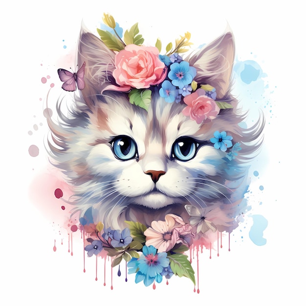 a cat with a flower wreath on its head