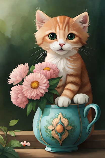 A cat with flowers in a cup