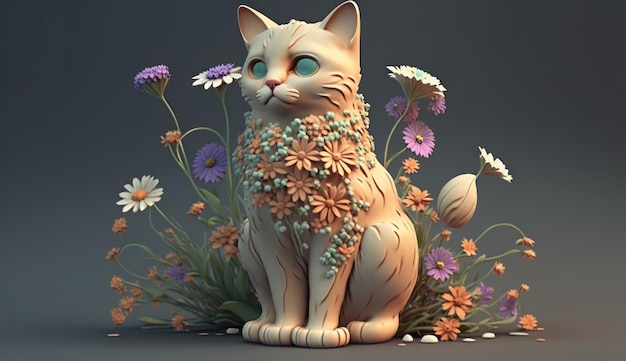 A cat with a flowery collar sits in a garden.