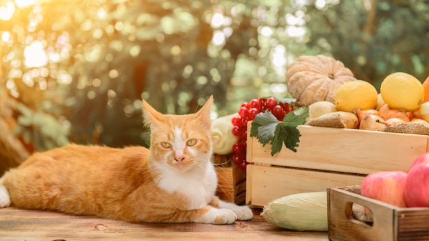 Cat with Fresh organic vegetables for cooking salad. Diet and healthy food. Fall harvest cornucopia in autumn season.