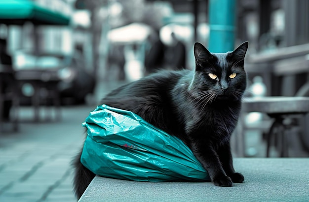 Cat with garbage bag sitting on top of table