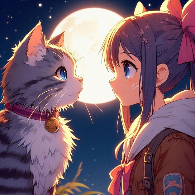 Foto gatto con una ragazza in stile moderno che guarda la luna