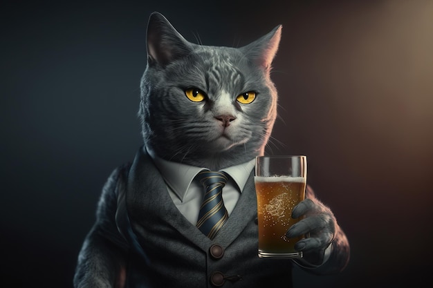 A cat with a glass of beer in his hand