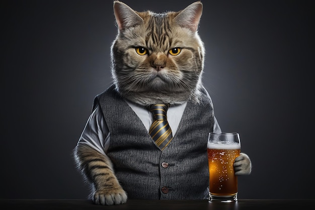 A cat with a glass of beer is standing next to a glass of beer